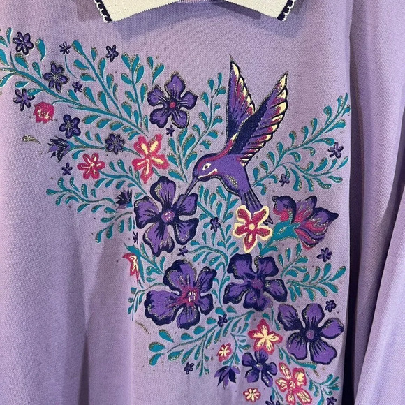 Haband Hummingbird Floral Glitter Sweater Light Purple Collared Pink Blue Knit - Picture 4 of 12